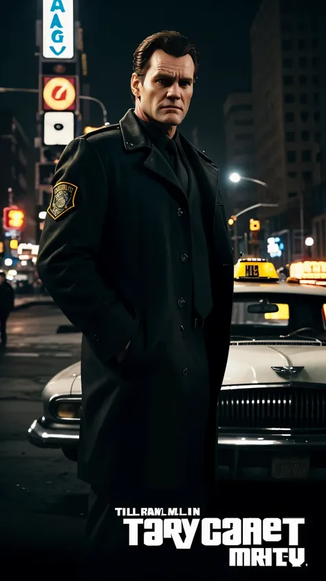 create a gta 5 loading screen artwork of Jim Carrey wearing an NYPD uniform. The setting is 1950s New York City. Take reference from all GTA artwork. Make it detailed and dramatic with studio lighting. Take reference from Max Payne series artwork. Setting ...