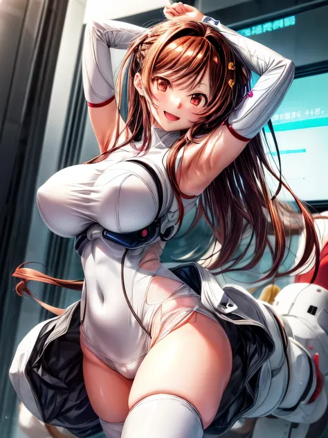 chizuru, big breasts, 1 beautiful girl、anime girl, White Cybersuit、smooth cyber suit, 8K, High resolution、sexy pose、big smile、dancing