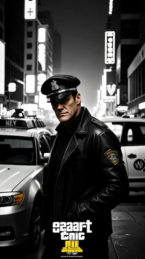 create a gta 5 loading screen artwork of jim carrey wearing an nypd uniform. the setting is 2049, cyberpunk new york city. take ...