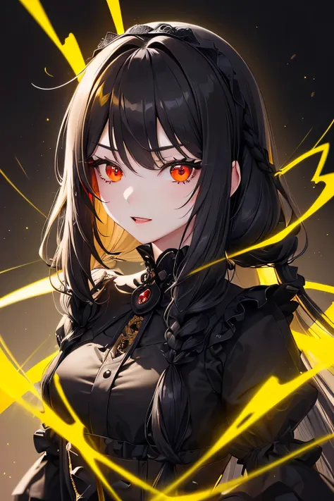 1 girl,Depps Sense,confused,catch light,Super beautiful illustration,(yellow,electric lightning),((black color,long hairstyles:1.3)),dark dark eyeshadow,bright red lipstick,Gothic Lolita,;d,beautiful and delicate hair,(((delicate and detailed red eyes))),y...