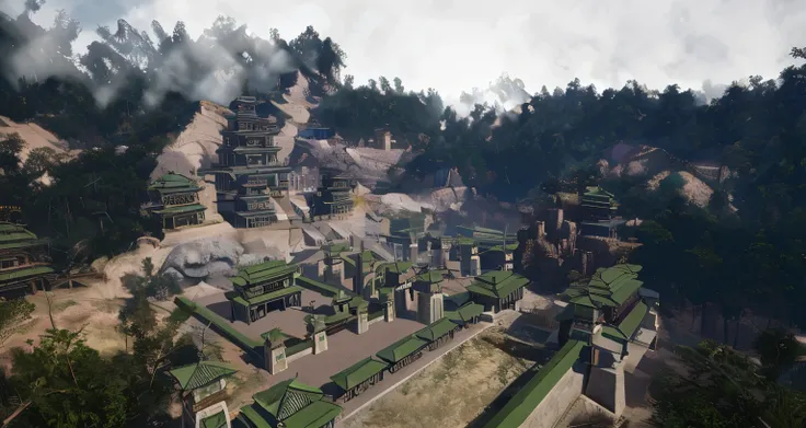 there is a large green building halfway up the mountain, beautiful rendering of the tang dynasty, village ， unreal engine, ancie...