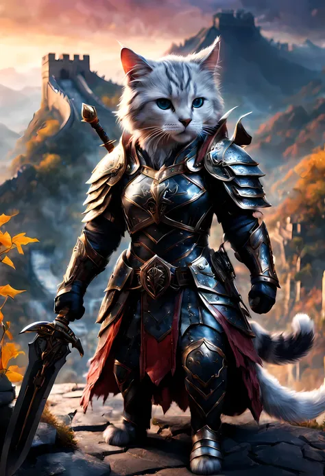 official art, unified 8k wallpaper, super detailed, Beautiful and beautiful, masterpiece, best quality, Costume animals page, Dirk Fintas,watching a film《lord of the ring》style of,Real-world scenarios,Epic war scenes,(cute cat warrior:1.2), (whole body), P...