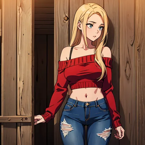 "(A stunning cowgirl:1.2), wearing a loose and cozy red sweater:1.2, revealing a black bra:1.2 and bare shoulders:1.1. She completes her look with a pair of blue denim ripped jeans:1.2, standing in front of a rustic barn background:1.1)."