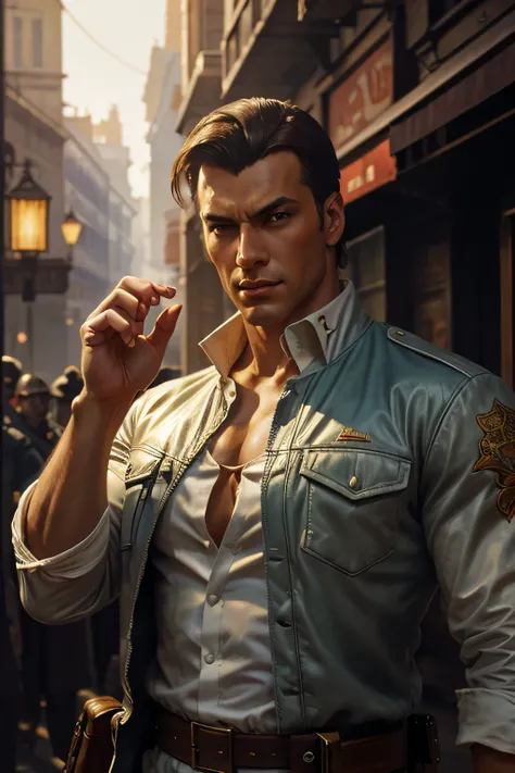 portrait of (sks man) good impression, Street Fighter, attractive woman, Character Design, dynamic lighting, cool and bright colors, Gaston Bussière paintings, Craig Mullins, j. c. Leyendecker, Tom of Finland