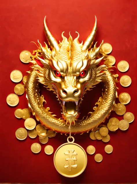 golden dragon，faucet，red background，nobody类，faucet在中央，gold coins，gold ingots，illustration，console，nobody，there are no limbs，no c...