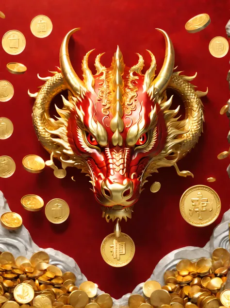 golden dragon，faucet，red background，nobody类，faucet在中央，gold coins，gold ingots，illustration，console，nobody，there are no limbs，no c...