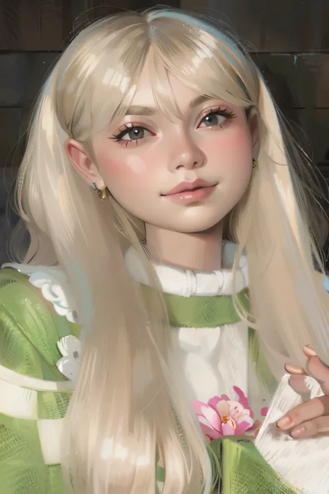 A close-up of a person with long blonde hair and a green sweater, peinado de corte hime blanco, pelo largo y blanco y flequillo, ulzzang, flequillo blanco, bella delfina, su cabello es blanco, very very pale blonde hair, con el pelo largo y blanco, extreme...