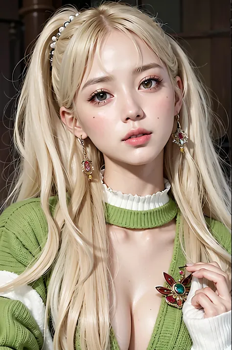 A close-up of a person with long blonde hair and a green sweater, peinado de corte hime blanco, pelo largo y blanco y flequillo, ulzzang, flequillo blanco, bella delfina, su cabello es blanco, very very pale blonde hair, con el pelo largo y blanco, extreme...