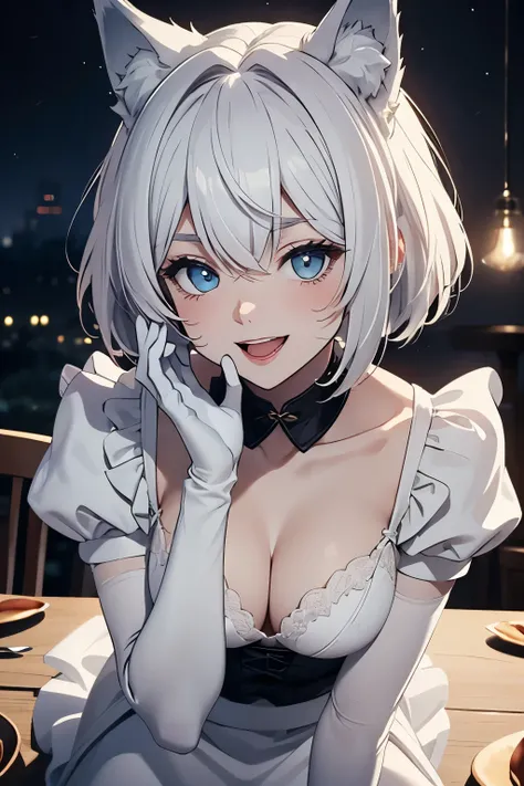 table top　High level image quality　best image quality　8K　maid　 lady（I）　portrait　white long gloves（（blanche）（long gloves））　white stockings　white lingerie　wolf ears　short hair（（shortcut）（gray hair）（perm）（fluffy））　eye color is blue　Face seducing（（laughter）（sm...