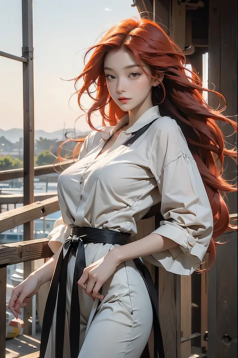 A photo of a red-haired woman with windblown hair, Her hair tangled like fire in the dusk sky, Exuding uninhibited beauty。huge breasts