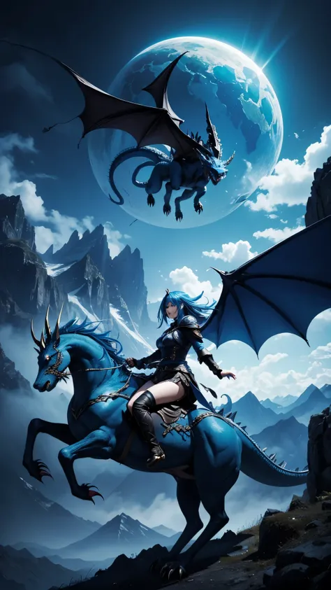 Anime fantasy world, blue-haired woman, riding a dragon, flying in the air, mountains, darkness.