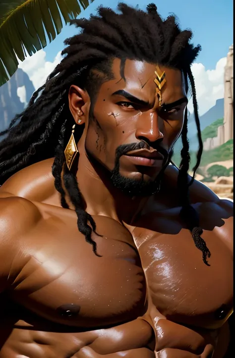 ((best quality)), ((masterpiece)), (detailed), African black man, Conan the Barbarian, is imposing in an ancient lost city. Perfect chiselled body, insanely beautiful and masculine face. Sunlight highlights your muscles and scars. The scenery is lush and m...