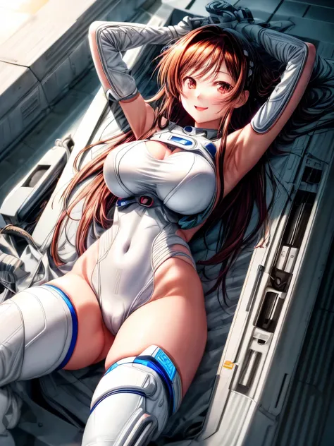 chizuru, big breasts, 1 beautiful girl、anime girl, White Cybersuit、smooth cyber suit, 8K, High resolution、sexy pose、big smile、Lying