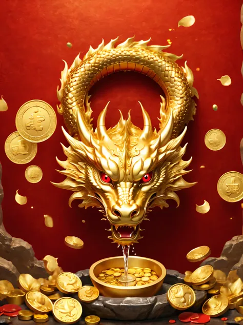 golden dragon，faucet，red background，nobody类，faucet在中央，gold coins，gold ingots，illustration，console，nobody，there are no limbs，no c...