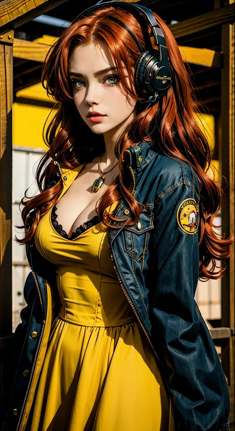 Beautiful woman, red hair, yellow eyes, large perfect snoopy breast, cleavage, highly detailed, black jacket,, vintage, dark fantasy, cowgirl, western style, headphones,