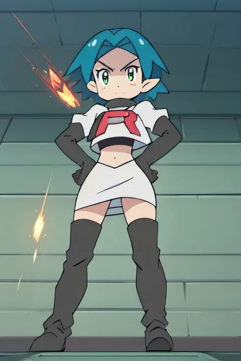 Zelda, green eyes, short hair ,team rocket,team rocket uniform, red letter R, white skirt,white crop top,black thigh-high boots ,black elbow gloves, sinister villianess look, looking down on viewer, hands on hipsteam rocket uniform, red letter r, white ski...