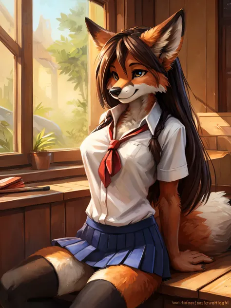 averi, fox girl, big chest, day, sexy, sensual, detailed, uploaded to e621, beautiful and detailed portrait of an anthropomorphic vixen ((female))) kenket, Ross Tran, ruan jia, uploaded to e621, zaush, foxovh, film lighting, japanese school girl uniform, m...