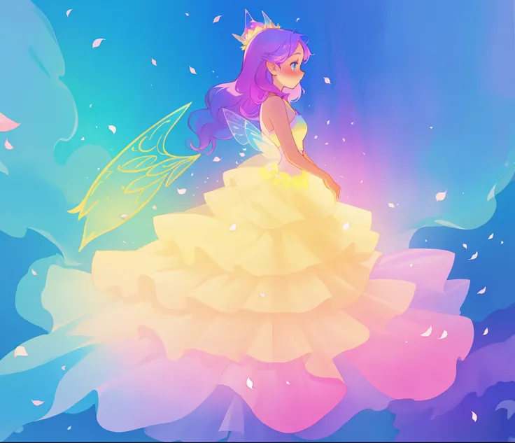 beautiful girl in tiered gradient ballgown dress, gradient colorful dress, ((layered flower petal skirt)), fairy dress, fairy queen, magical fantasia background, (glowing fairy wings), glowing flowing ballgown, long wavy hair, sparkling fairy wings, waterc...