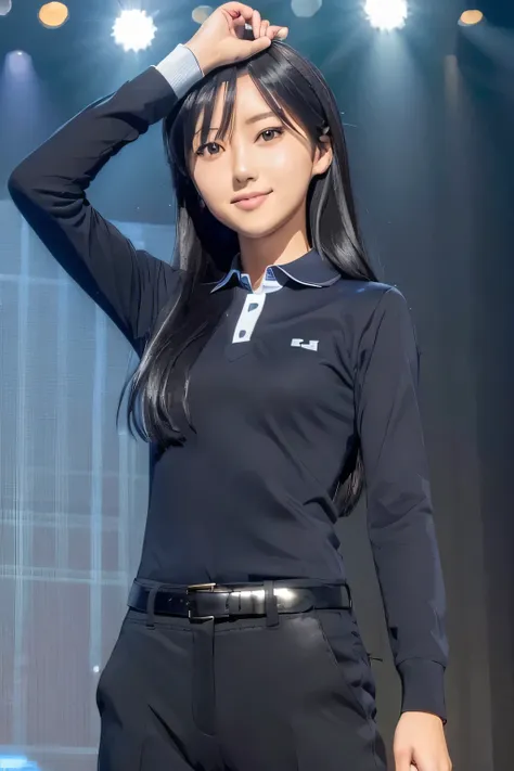 (((pixel perfect, Perfection with attention to detail))), alone, 1 girl, Chihaya Kisaragi, (black hair), stage, Idol, (Blue long sleeve polo shirt, Dark blue slacks), looking at the viewer, :d, smile, break (flat chest:1.4)