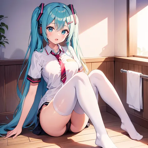 1girl,miku,Vocaloid,portrait,clearly,detailed,camel toe,white knee socks,in the bathroom