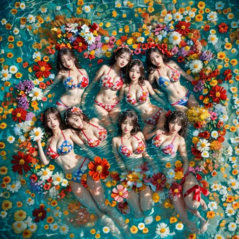 (Full of colorful flowers, White and Red, ((Overhead shot, From directly above))), (Acutance:0.85), ((NSFW:-0.95)), (Exposed:1.1), (((nipple:-0.99))) . ((Group photo of 6 girls (laying in a pool filled with flower:1.25))), { (Full of flowers covering and s...