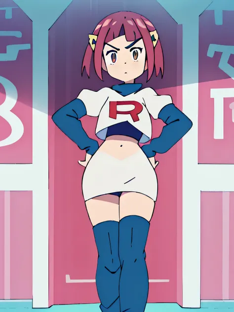 team rocket uniform, red letter r, white skirt,white crop top,black thigh-high boots, black elbow gloves, glaring angrily, looking at viewer, hands on hips, full body seen