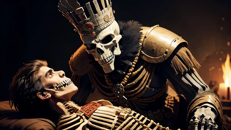 a GIANT  skeleton  dressed as an Aztec king eating a human 