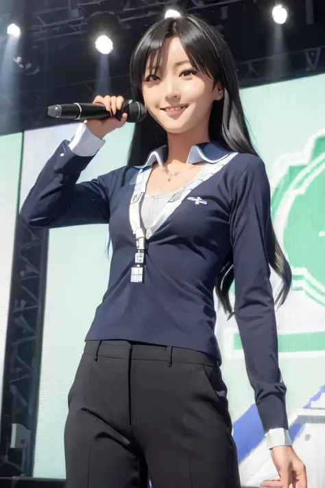 (((pixel perfect, Perfection with attention to detail))), alone, 1 girl, Chihaya Kisaragi, (black hair), stage, Idol, (bright blue long sleeve polo shirt, Dark blue slacks), looking at the viewer, :d, smile, break (flat chest:1.5)
