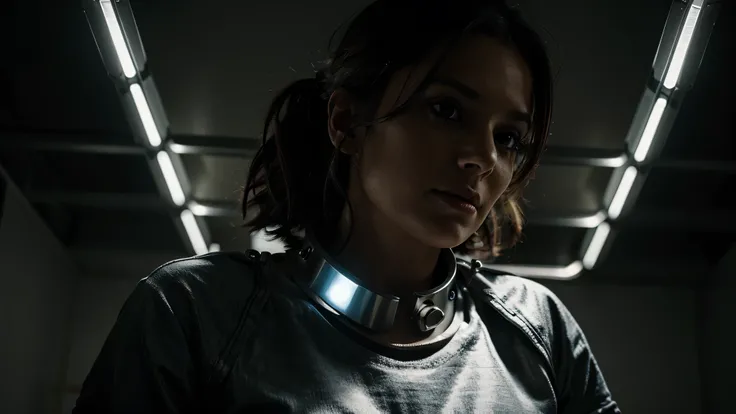 image of woman prisoner wearing a metal sci-fi collar with lights on it around her upper neck