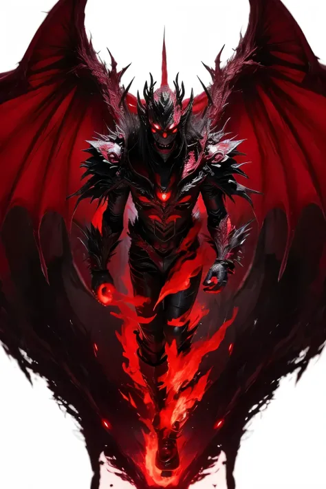 Demon, half demon body half dragon, demon full body, scary, red demon, wings, red wings, levitating, looking down, looking at viewer, face, close up