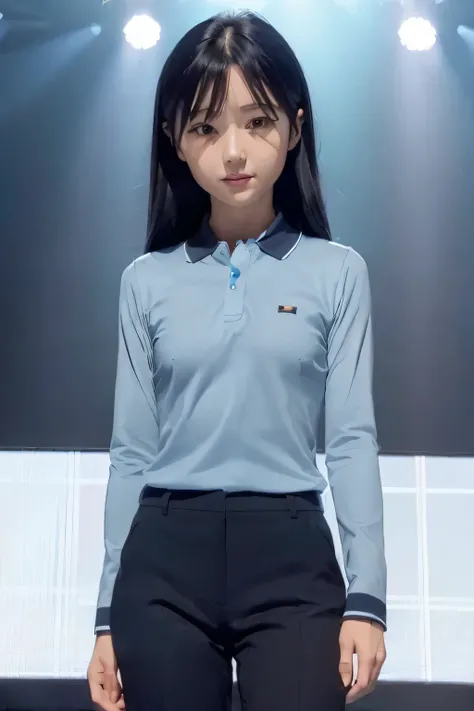  (((pixel perfect, Perfection with attention to detail))), Big eyes, alone, 1 girl, Chihaya Kisaragi, (black hair), stage, Idol, looking at the viewer, smile, break (flat chest:1.5), (light blue long sleeve polo shirt, Dark blue slacks), 