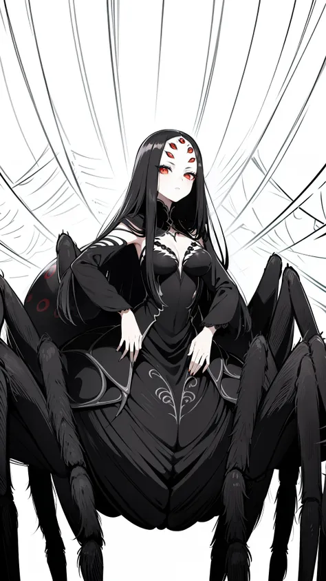 1 girl,black hair,long hair,black empress dress,(white background, line drawing),(((arachne, black spider))),