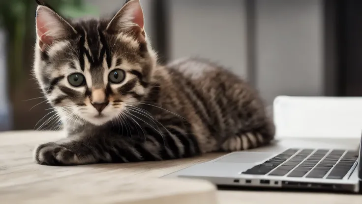 hyper ultra realistic photographs full body of A mischievous kitten discovers the joys of typing on a laptop keyboard. He taps out nonsensical messages, deletes important documents, and even manages to send a garbled email to the vet. His human sighs, but ...