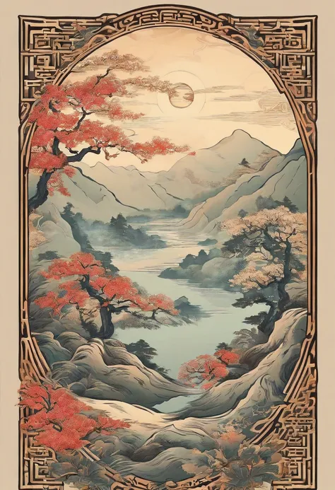 Chinese，Chinese landscape，traditional Chinese painting，Ancient rhyme Jiangnan，mountains and rivers，cypress，Exhibition hall，leave blank，elegant