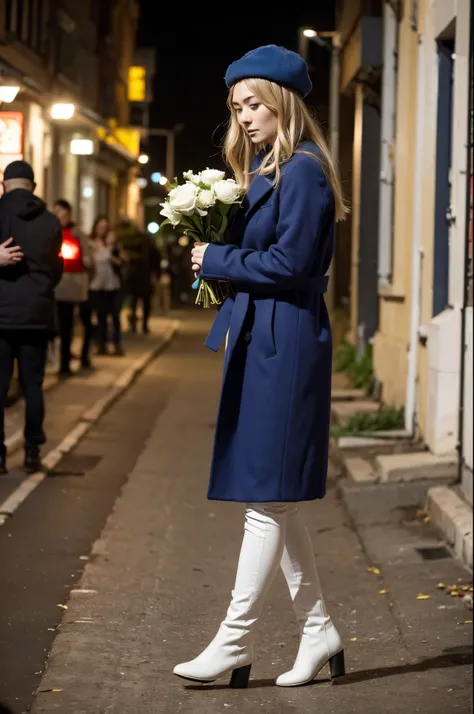 holding one flower bouquet with both hands、walking pose、A moment to look back、holding one flower bouquet with both hands、look down and feel depressed、beautiful blonde european woman、Angled angle of view、Angle of view from the side A city based on bricks、Pi...