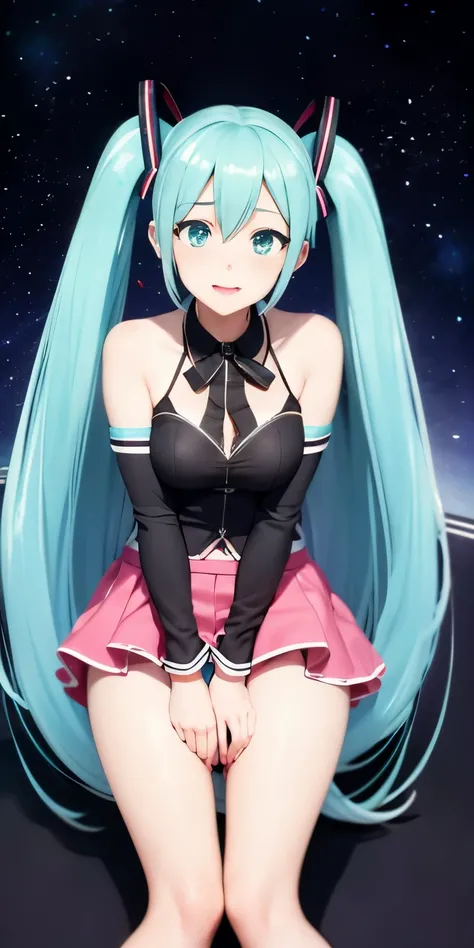 Hatsune Miku、Anime girl with long hair and a gun in her hand,Shimashima Pantiesがよく見える、Hatsune Miku、（Squatting down and opening her legs and showing her panties 1:4）、、spread legs、show panties,super mini skirt、緑と白のShimashima Panties、From miniskirt to c Kanta...