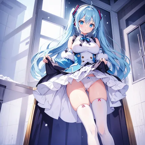 1girl,snow miku,Vocaloid,portrait,clearly,detailed,transparent clothes,large breasts,lift up skirt,camel toe,white knee socks,in the bathroom