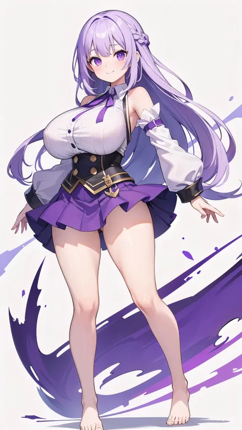 1 girl, game CG, white shirt, shoulders visible, short skirt, string hair ribbon, (gigantic breasts:1.2), light purple hair, long hair, french braid, purple eyes, (white background:1.2), full body , toe , standing, dynamic, smile,