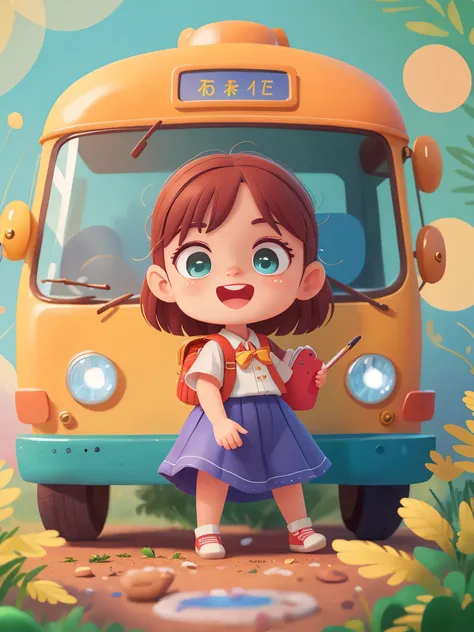 school bus，bus，side, (masterpiece: 1.2) (actual: 1.2) (Bokeh) (best quality) (delicate skin: 1.3) (intricate details) (8k) (exquisite eyes) (sharp focus), (happy)