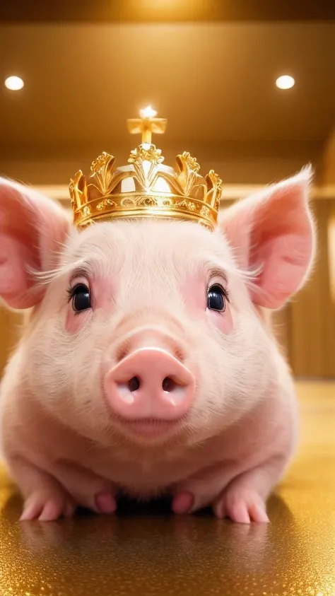 masterpiece, best quality, 8k, 4k, pig with a golden crown, Cute pig, ((front viewing)), ((front face)), look at the front, smile, cuty pig, golden clothes, golden color background, gold background, 1 pig, center of photo, golden clothesを着た,　sitting