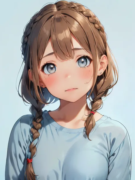 ((light brown hair)),((brown eyes)),((Braided shorthair)),((With bangs)),((fashion//Casual American coordinate:1.3)),((🇺🇸:1.25)),((light blue dull background:1.35)),(blush),((Tired face with teary eyes:1.2)),(close up of face:1.3),((celebration)),