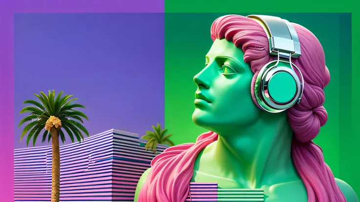 vaporwave pink green grid, (marble greek statue bust), headphones, (chrome palm tree, pyramids)