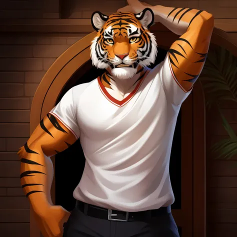 (High resolution illustration, melhor qualidade) Tiger standing, camisa branca, pose de modelo, camera front, cara feliz.