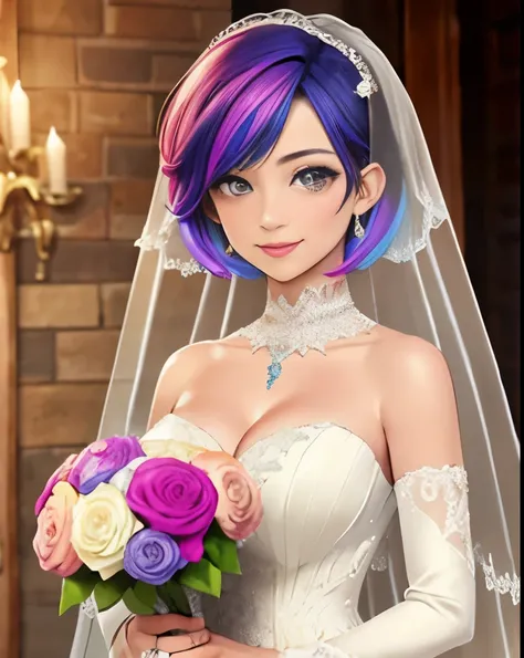 1girl, woman, solo, pixie hair, short hair, wedding dress with sleeves, veil, color: spectrum, vivid colors, rainbow hair , medium breasts, wedding venue, highly detailed portrait, smile, large breasts, happy, bouquet 