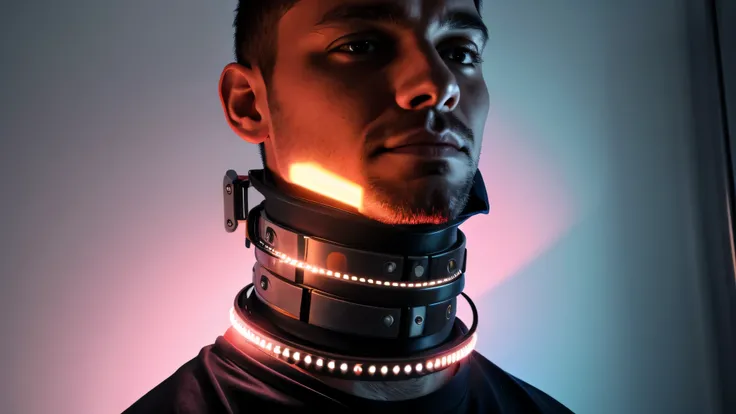 image of man prisoner wearing a metal sci-fi collar with lights on it around her upper neck