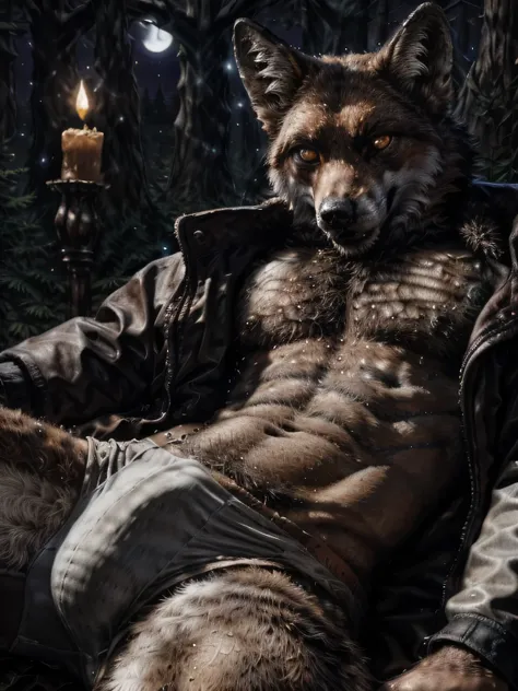 solo, male, (slim), (male anthro fox):1.3, grey body, white belly, (laying on back):1.3, ((night))
detailed eyes, fox tail, bulge, ((body portrait)), 
, (detailed eyes, glowing eyes):1.1,
(outdoors:1.35),  forest, candle lights, night, (particles ,firefly,...