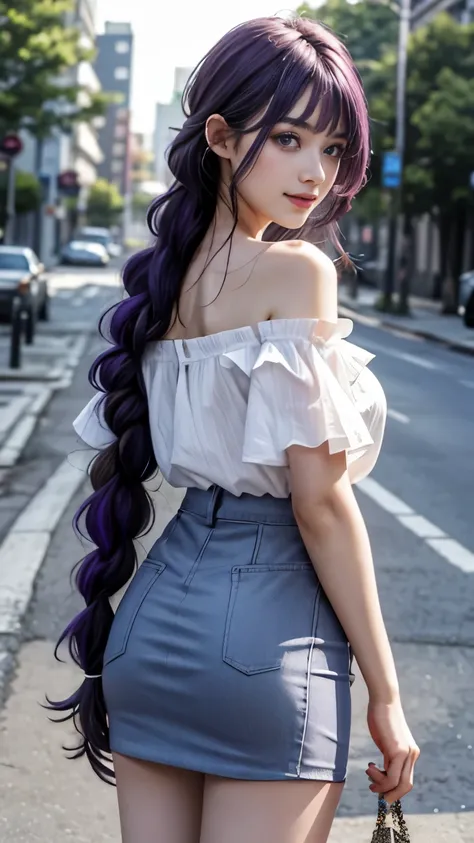 Lively night at the beach，《Chainsaw Man》Makima in standing alone，Look back from behind。She is wearing a white casual off-shoulder shirt、Pencil skirt and pantyhose。She has purple hair with bangs，Purple hair big breasts，long hair，thick braid，purple eyes，A ki...