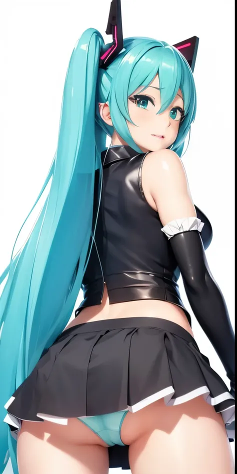 Hatsune Miku、Anime girl with long hair and a gun in her hand,Shimashima Pantiesがよく見える、Hatsune Miku、Squatting、spread legs、show panties,super mini skirt、緑と白のShimashima Panties、From miniskirt to c Kantai Collection style,Shimashima Panties、super mini skirt、 p...