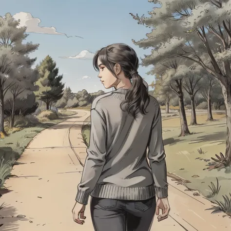 a 21 years old cute girl and wearing a grey colored sweater walking on a pathway . Every line and shading brings out her distinctive features. The background showcases a blue sky, with trees everywhere. (her backside will be visible)