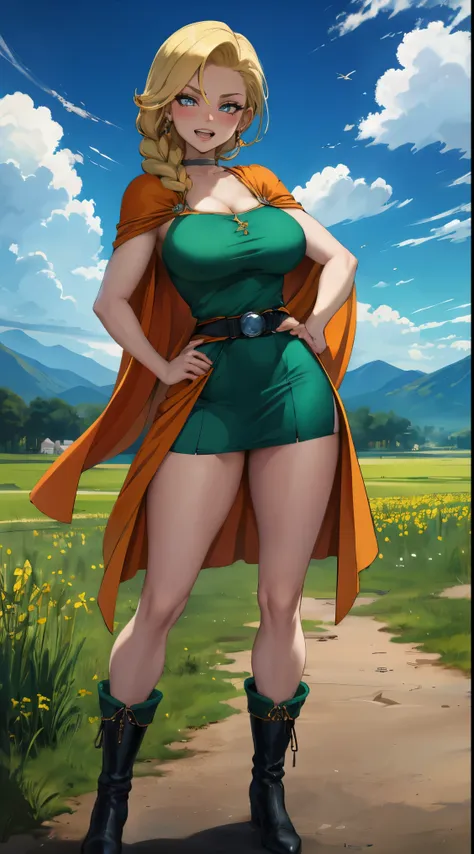 masterpiece, best quality, dqBianca, single braid, earrings, choker, orange cape, green dress, belt, looking at viewer, large breasts, hands to hips, boots, smirk, open mouth, furrowed brow, smile, sky, clouds, fields